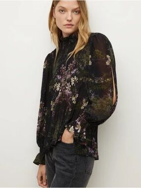 All Saints Cora Ophelia Top Pleated Open Sleeve Dark Floral Whimsigoth